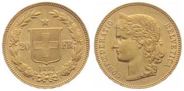 Preview: 20 Franken 1891 B Goldhelvetia aus 900er-Gold – historische Schweizer Goldmünze aus dem Jubiläumsjahr 600 Jahre Eidgenossenschaft, Auflage 100'000 Exemplare.